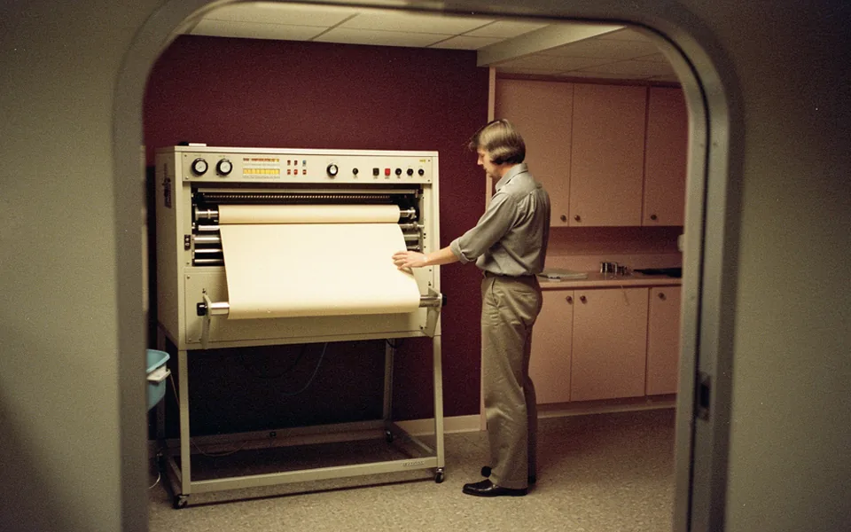 A technician checking a paper-fed electrical recording instrument in a period technical room