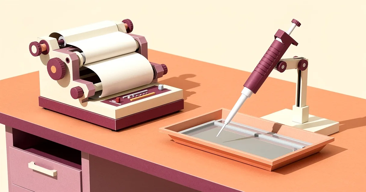 A paper-fed recording instrument beside a modern pipette on rose and apricot work surfaces