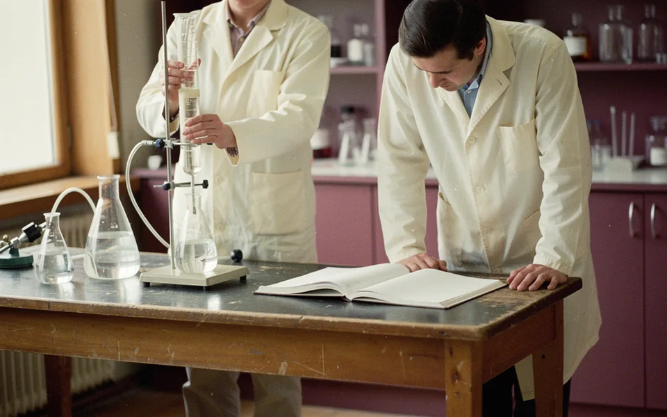 Two workers examining glassware and a paper notebook at a period laboratory bench